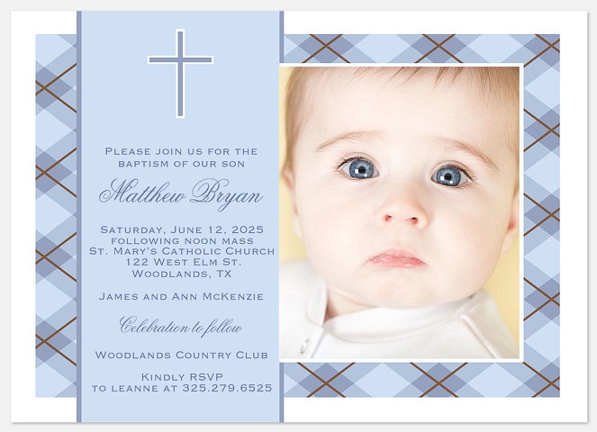 Blue Plaid Blessing Baptism Christening Invitations