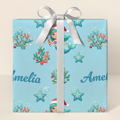Personalized Christmas Mermaid Kids Wrapping Paper