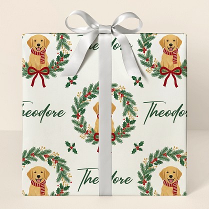 Personalized Golden Retriever Christmas Wreath Wrapping Paper