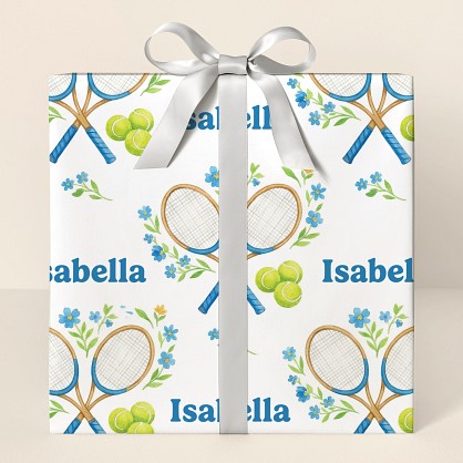 Personalized Watercolor Tennis Rackets & Flowers Wrapping Paper
