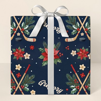Personalized Hockey Christmas Botanical Wrapping Paper