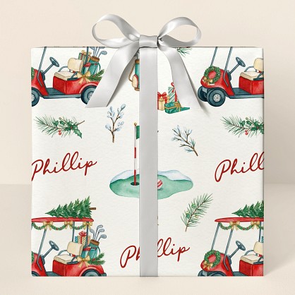 Personalized Christmas Golf Cart Watercolor Wrapping Paper