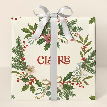 Personalized Christmas Botanical Wreath Wrapping Paper