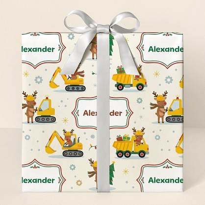 Christmas Reindeer Construction Trucks Wrapping Paper