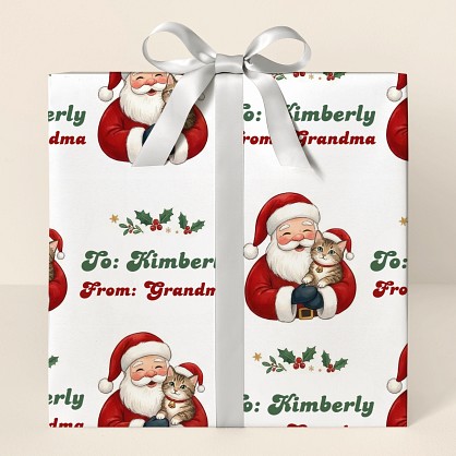 Santa and Cat Christmas Personalized Wrapping Paper