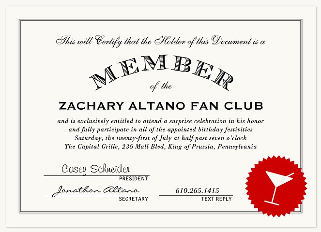 Fan Club Adult Birthday Party Invitations