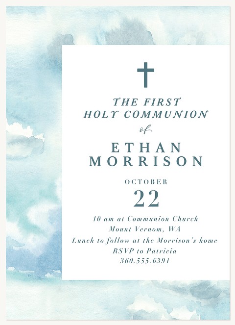 Serene Watercolor First Communion Invitations