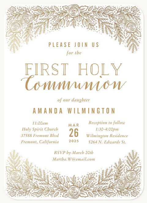 Gilded Floral First Communion Invitations