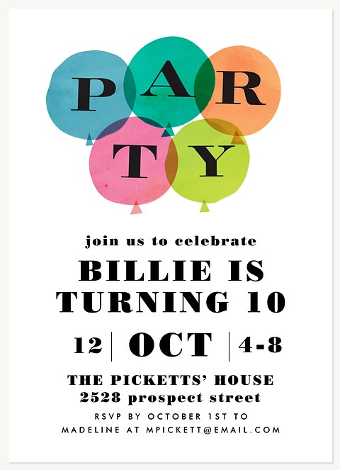 Bright Balloons Kids Birthday Invitations