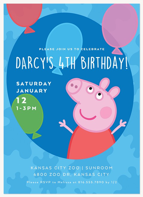 Peppa Pig Big Balloons Kids Birthday Invitations