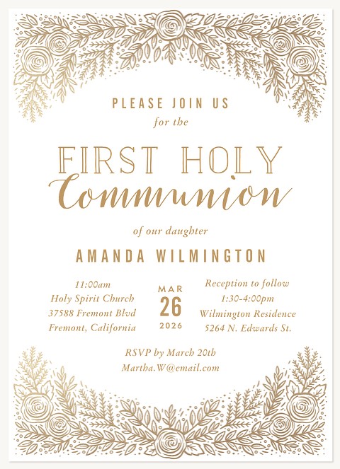 Gilded Floral First Communion Invitations