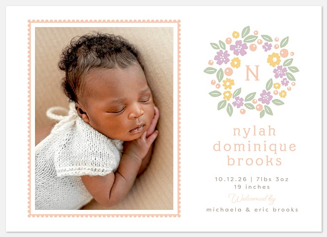 Floral Wreath Monogram Baby Birth Announcements