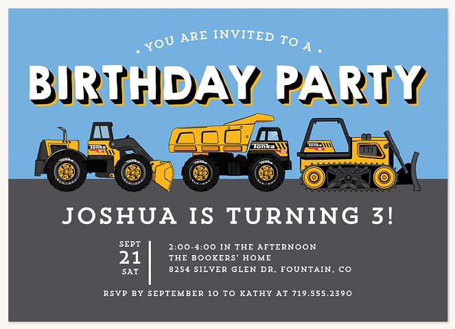Tonka Truck Line Kids Birthday Invitations