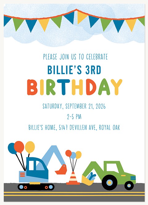 Construction Celebration Kids Birthday Invitations