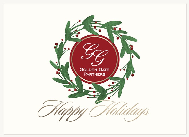 Watercolor Holly Wreath Business Holiday Cards