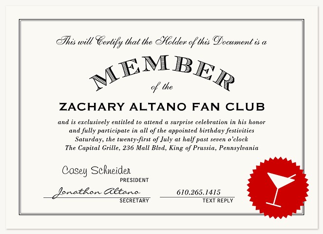 Fan Club Adult Birthday Party Invitations