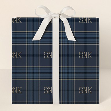 Monogram Navy Plaid Wrapping Paper