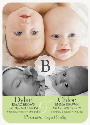 Twin Buds Green Twin Birth Announcement Cards