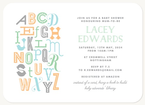 Alphabet Event Baby Shower Invites 