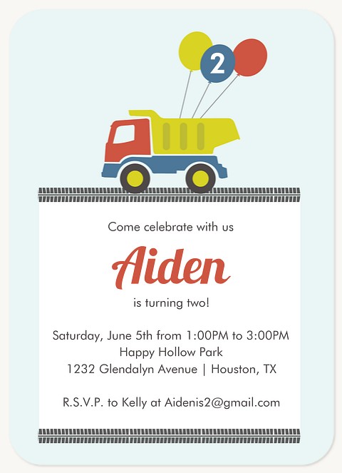 Truck Time Boy Birthday Party Invitations