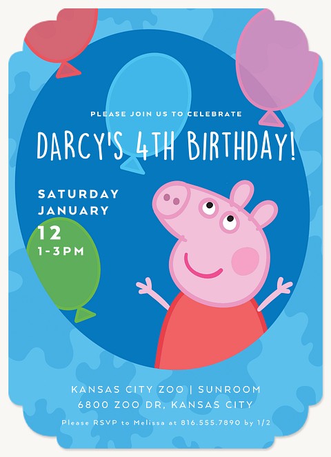 Peppa Pig Big Balloons Girl Birthday Party Invitations