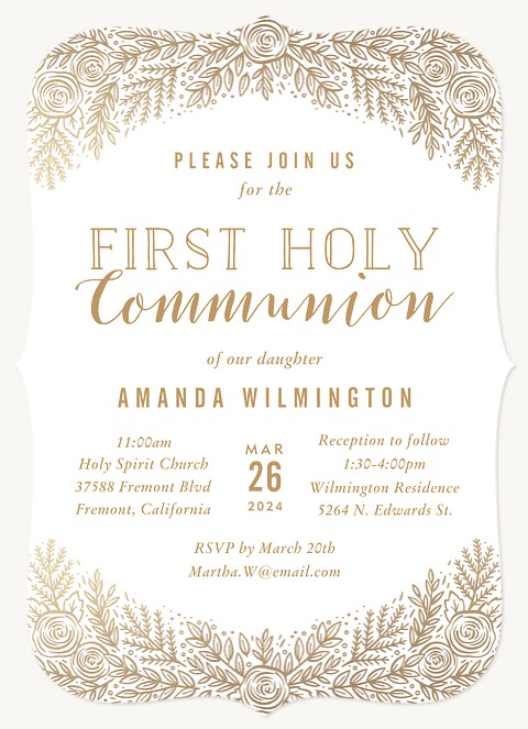 Gilded Floral First Communion Invitations