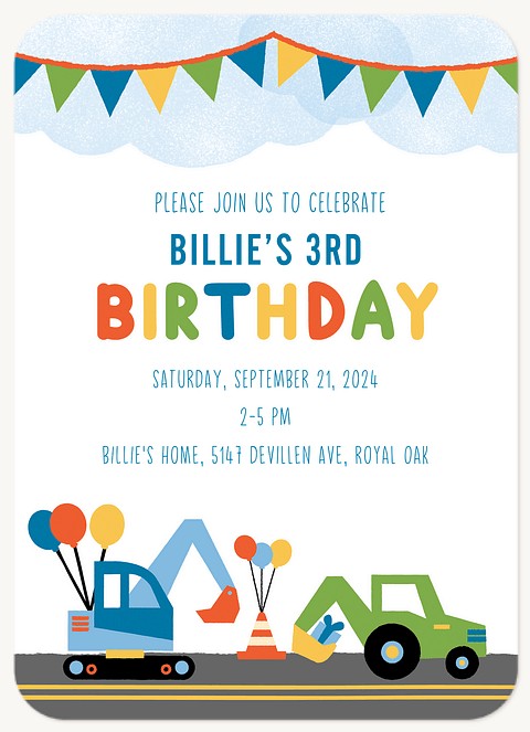 Construction Celebration Kids Birthday Invitations